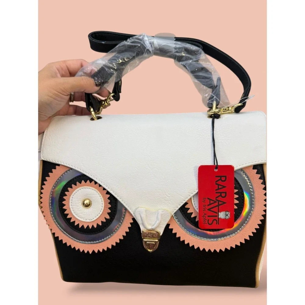 Rara Avis by Iris Apfel Owl Satchel Bag Black White Iridescent Novelty Handbag